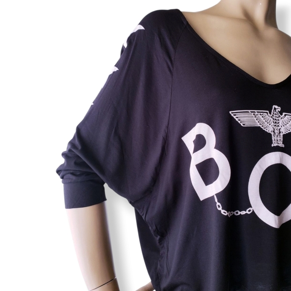 BOY London Black & White Logo Graphic Dolman Sleeve Blouse Size Medium - Picture 2 of 9